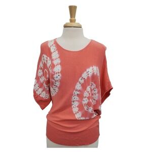 Roz & Ali Womens 1X Plus Size Sequin Tie Dye Dolman Sleeve Knit Top Coral
